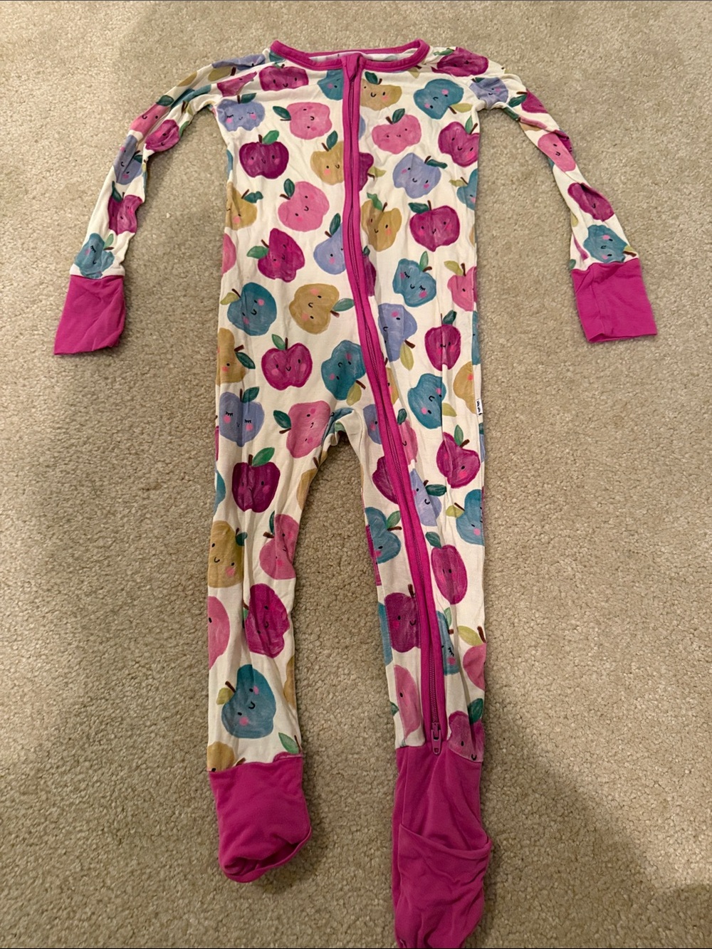 Little Sleepies Cream Footed Pajama with Pink, Blue, Yellow Apple Print